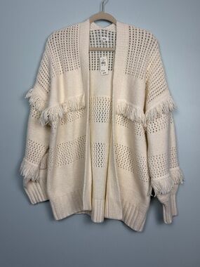 Aerie Cream Open-Knit Fringe Cardigan Women’s Size Small Oversized Chunky Cozy